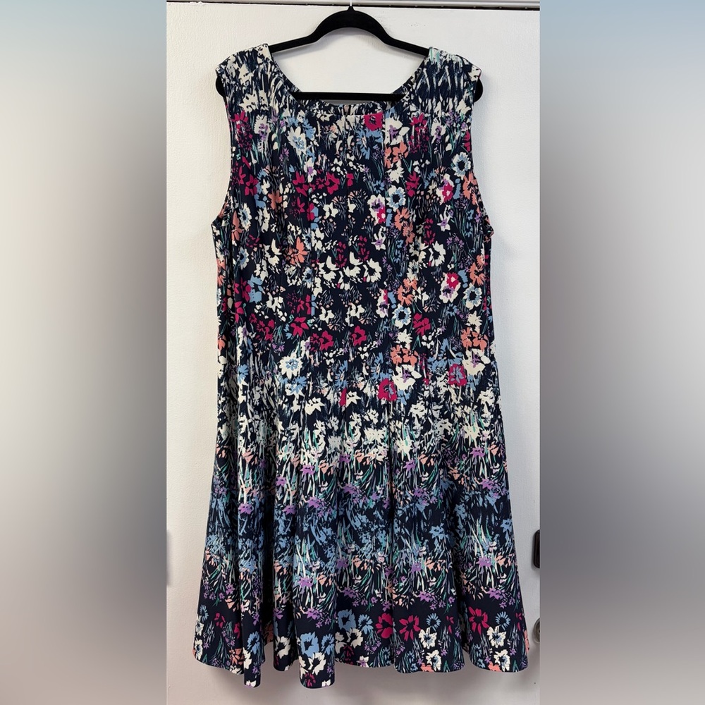 Roz & Ali Navy Floral Print Sleeveless Dress with Pink Accents